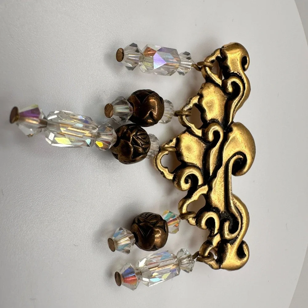 Vintage 80s Gold Tone Scrollwork Brooch Pin with Crystal Bead Dangles
